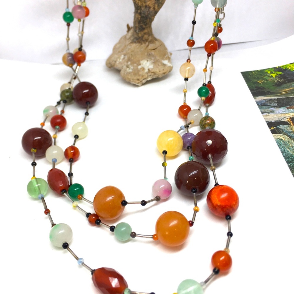 3 strand 925 S.Silver Semi Multi Gemstone Necklace
